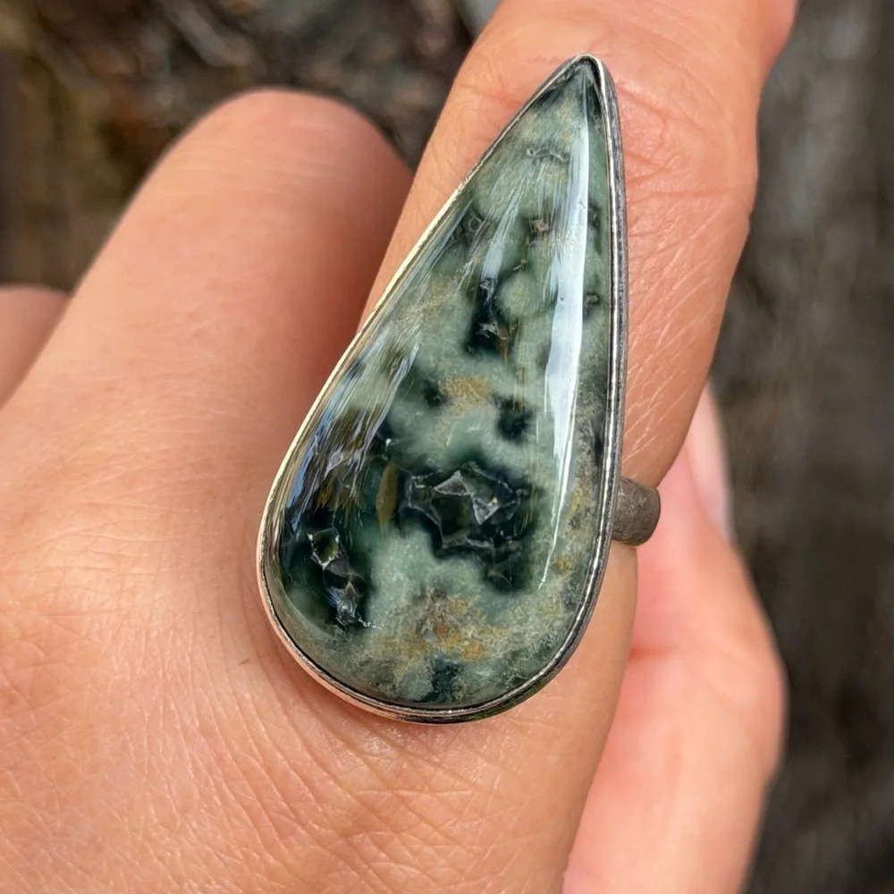 Size 9.75 925 silver‎ plated green ocean jasper ring 0871